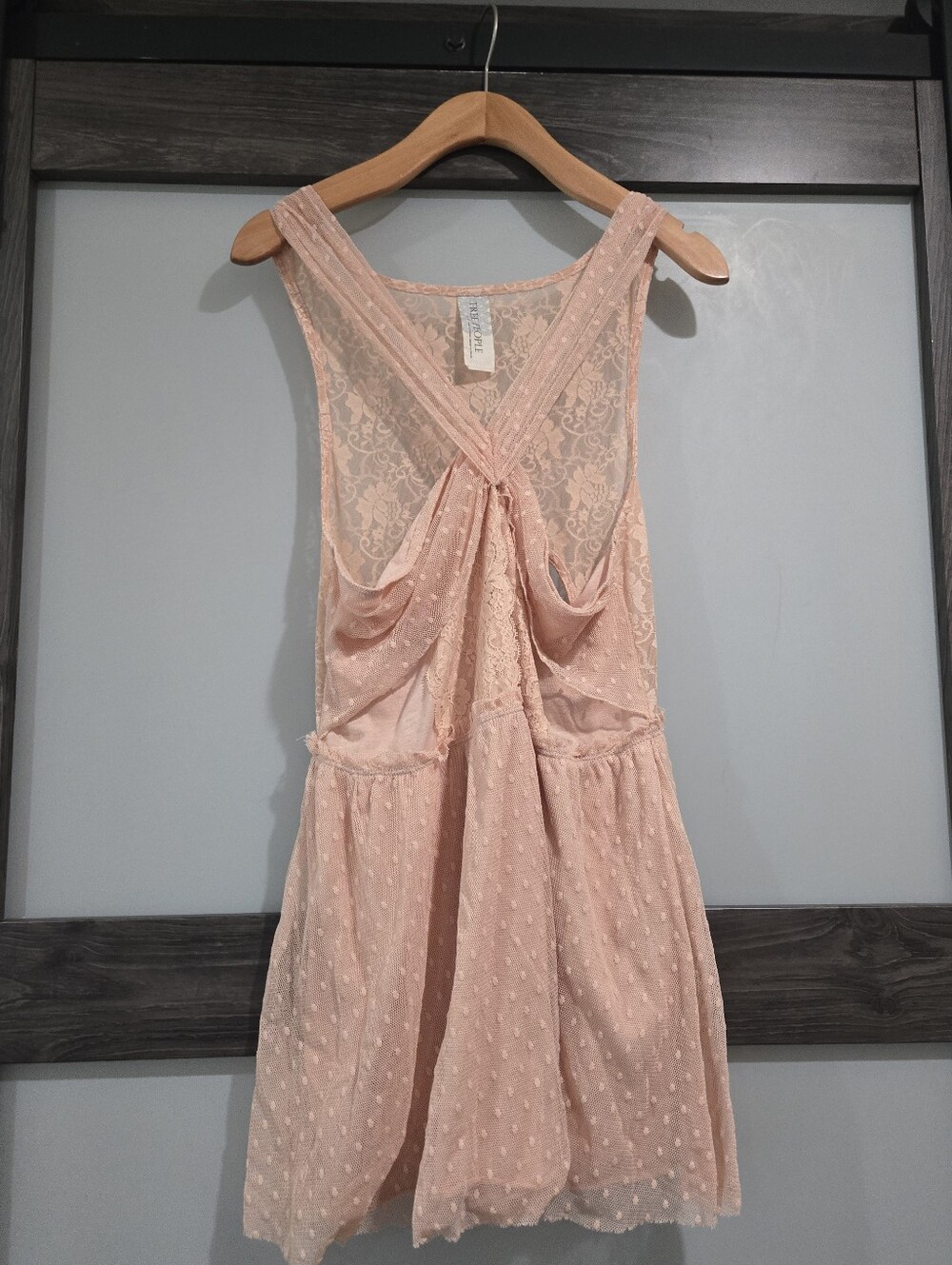 Free People peach Pink Lace Tunic Mini Dress Open Back Swiss Dot Boho Large